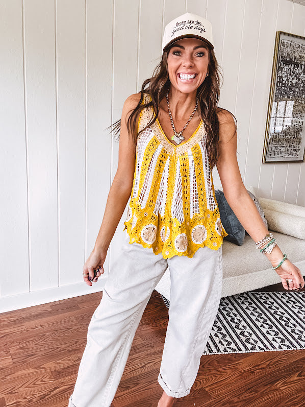 Lace crochet tank in bold marigold and white with lace and crochet details through, V neck.