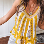 Lace crochet tank in bold marigold and white with lace and crochet details through, V neck.