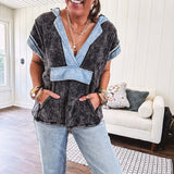 Washed black short sleeved top with matching hood trimmed in light washed chambray denim with kangaroo pocket.