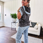 Washed black short sleeved top with matching hood trimmed in light washed chambray denim with kangaroo pocket.