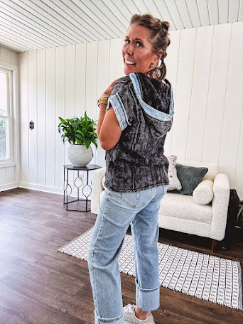 Washed black short sleeved top with matching hood trimmed in light washed chambray denim with kangaroo pocket.