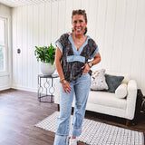 Washed black short sleeved top with matching hood trimmed in light washed chambray denim with kangaroo pocket.