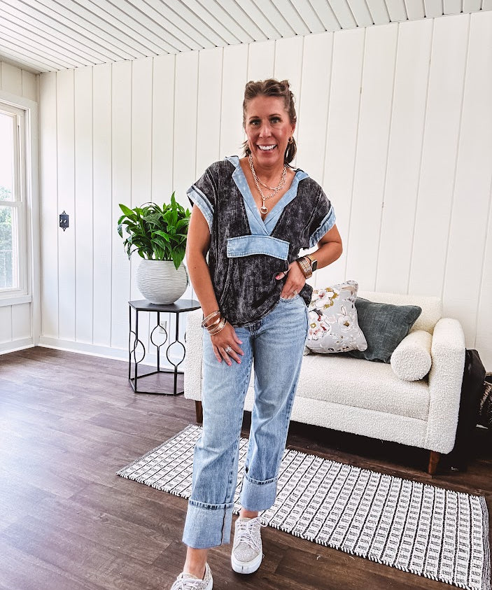 Medium wash wide leg denim with a rigid front and stretchy back for ultimate comfort and style with zero distressing.