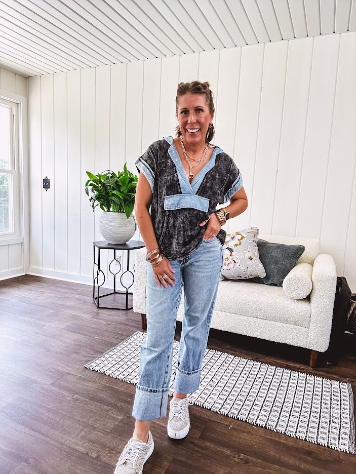Medium wash wide leg denim with a rigid front and stretchy back for ultimate comfort and style with zero distressing.