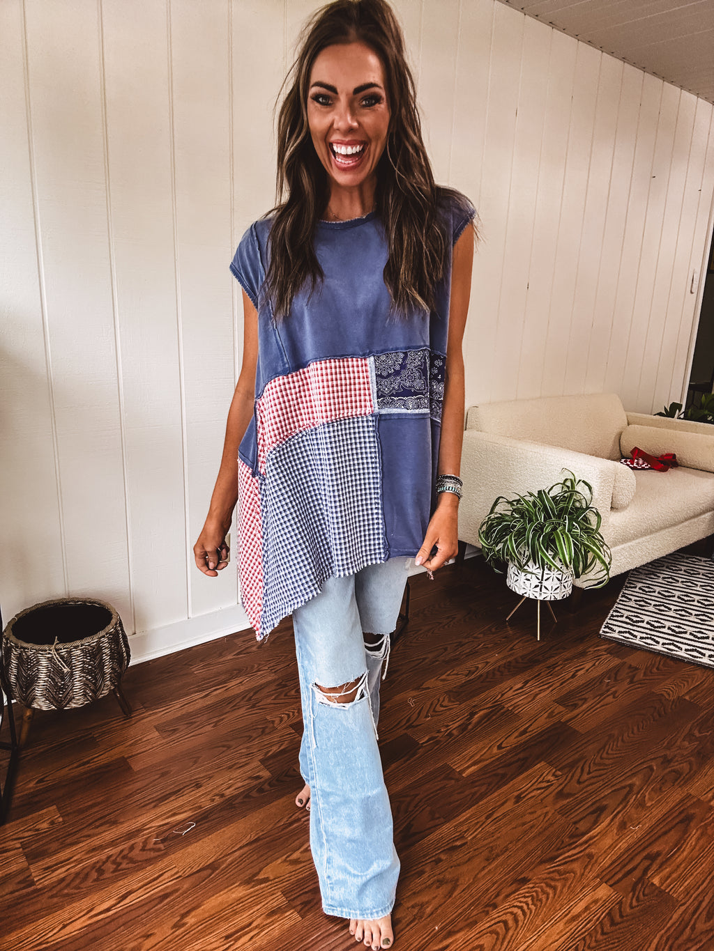 Navy Bandana Plaid Handkerchief Hem Top