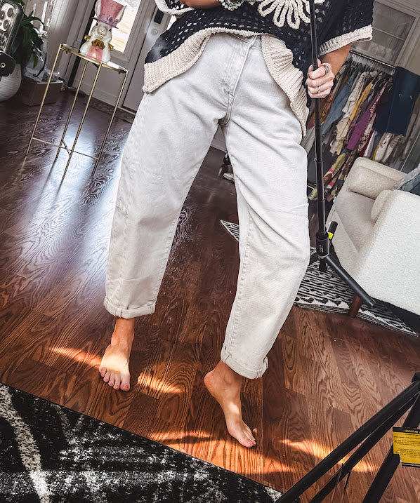 High Rise light almond barrel pants.