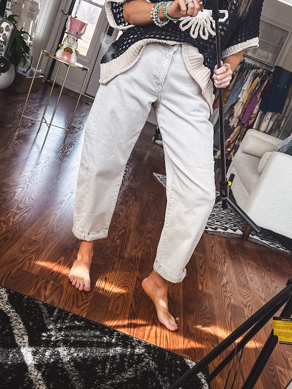 High Rise light almond barrel pants.