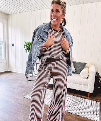 Lightweight ribbed texture brown and white striped short sleeve top and matching wide leg bottoms with elastic waist and contrasting dark brown waffle texture neckline and waistband.