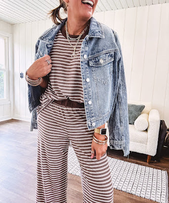 Lightweight ribbed texture brown and white striped short sleeve top and matching wide leg bottoms with elastic waist and contrasting dark brown waffle texture neckline and waistband.