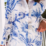 Blue + White Linen Paisley Front Button Shirt Set | Sold as Set