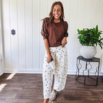 Medium Brown sweatshirt with round neck, 1/2 puff sleeves. Dress up or down.