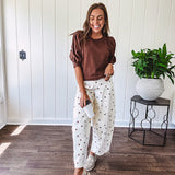 Medium Brown sweatshirt with round neck, 1/2 puff sleeves. Dress up or down.