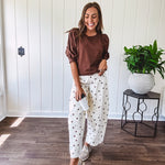 Medium Brown sweatshirt with round neck, 1/2 puff sleeves. Dress up or down.