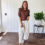 Medium Brown sweatshirt with round neck, 1/2 puff sleeves. Dress up or down.