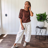Medium Brown sweatshirt with round neck, 1/2 puff sleeves. Dress up or down.