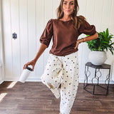 Medium Brown sweatshirt with round neck, 1/2 puff sleeves. Dress up or down.