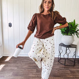 Medium Brown sweatshirt with round neck, 1/2 puff sleeves. Dress up or down.
