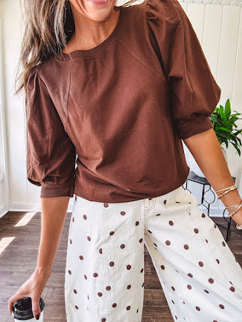 Medium Brown sweatshirt with round neck, 1/2 puff sleeves. Dress up or down.