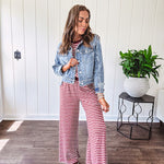 Soft and lightweight ribbed textured short sleeve top in burgundy and white stripes with matching wide leg pants with contrasting waffle texture round neck and elastic waist.