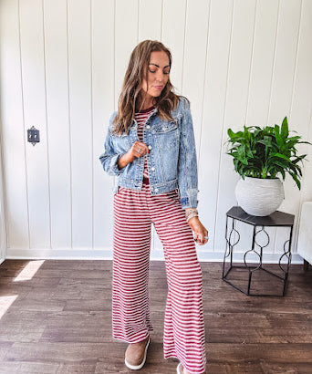 Soft and lightweight ribbed textured short sleeve top in burgundy and white stripes with matching wide leg pants with contrasting waffle texture round neck and elastic waist.