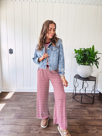 Soft and lightweight ribbed textured short sleeve top in burgundy and white stripes with matching wide leg pants with contrasting waffle texture round neck and elastic waist.