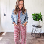 Soft and lightweight ribbed textured short sleeve top in burgundy and white stripes with matching wide leg pants with contrasting waffle texture round neck and elastic waist.