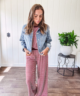 Soft and lightweight ribbed textured short sleeve top in burgundy and white stripes with matching wide leg pants with contrasting waffle texture round neck and elastic waist.