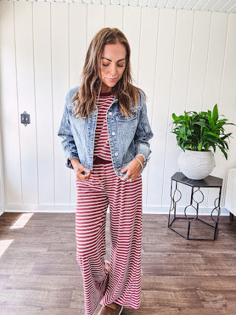Soft and lightweight ribbed textured short sleeve top in burgundy and white stripes with matching wide leg pants with contrasting waffle texture round neck and elastic waist.