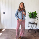Soft and lightweight ribbed textured short sleeve top in burgundy and white stripes with matching wide leg pants with contrasting waffle texture round neck and elastic waist.
