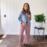 Soft and lightweight ribbed textured short sleeve top in burgundy and white stripes with matching wide leg pants with contrasting waffle texture round neck and elastic waist.
