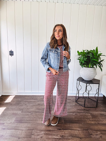 Soft and lightweight ribbed textured short sleeve top in burgundy and white stripes with matching wide leg pants with contrasting waffle texture round neck and elastic waist.