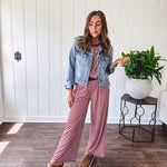 Soft and lightweight ribbed textured short sleeve top in burgundy and white stripes with matching wide leg pants with contrasting waffle texture round neck and elastic waist.