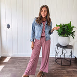 Soft and lightweight ribbed textured short sleeve top in burgundy and white stripes with matching wide leg pants with contrasting waffle texture round neck and elastic waist.