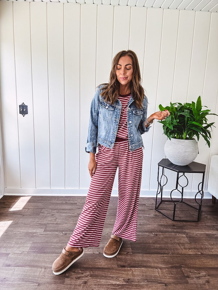 Soft and lightweight ribbed textured short sleeve top in burgundy and white stripes with matching wide leg pants with contrasting waffle texture round neck and elastic waist.