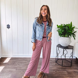 Soft and lightweight ribbed textured short sleeve top in burgundy and white stripes with matching wide leg pants with contrasting waffle texture round neck and elastic waist.
