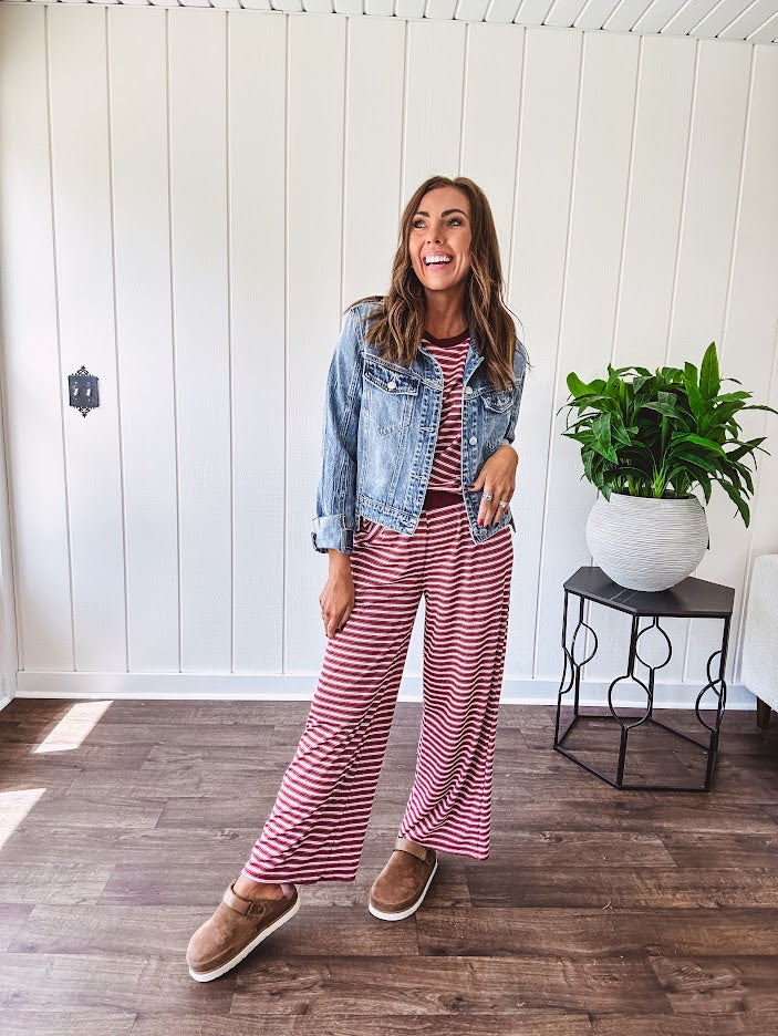 Soft and lightweight ribbed textured short sleeve top in burgundy and white stripes with matching wide leg pants with contrasting waffle texture round neck and elastic waist.
