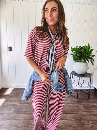 Soft and lightweight ribbed textured short sleeve top in burgundy and white stripes with matching wide leg pants with contrasting waffle texture round neck and elastic waist.