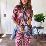 Soft and lightweight ribbed textured short sleeve top in burgundy and white stripes with matching wide leg pants with contrasting waffle texture round neck and elastic waist.