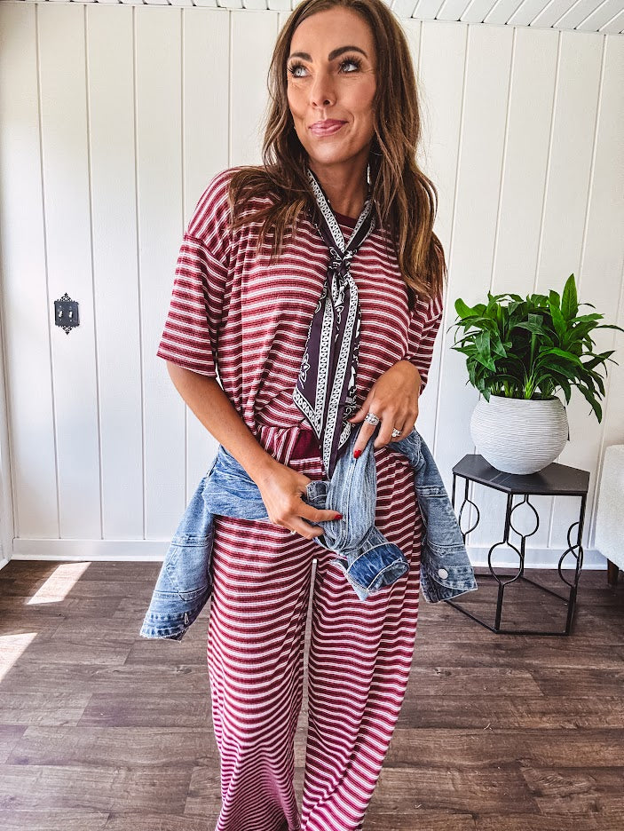 Soft and lightweight ribbed textured short sleeve top in burgundy and white stripes with matching wide leg pants with contrasting waffle texture round neck and elastic waist.