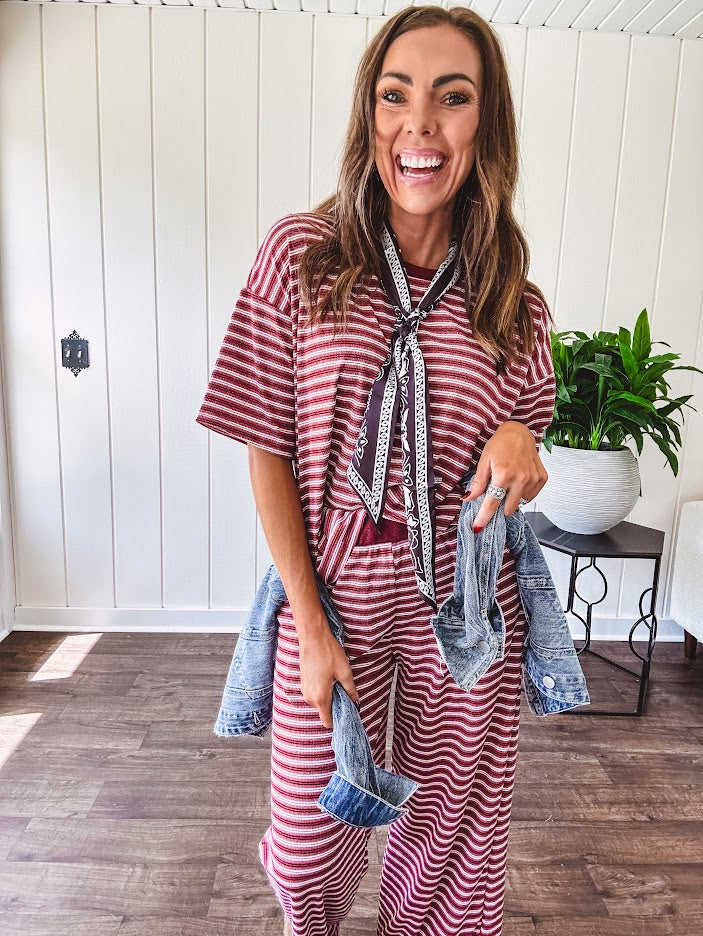 Soft and lightweight ribbed textured short sleeve top in burgundy and white stripes with matching wide leg pants with contrasting waffle texture round neck and elastic waist.