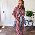 Soft and lightweight ribbed textured short sleeve top in burgundy and white stripes with matching wide leg pants with contrasting waffle texture round neck and elastic waist.