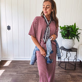 Soft and lightweight ribbed textured short sleeve top in burgundy and white stripes with matching wide leg pants with contrasting waffle texture round neck and elastic waist.