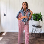 Soft and lightweight ribbed textured short sleeve top in burgundy and white stripes with matching wide leg pants with contrasting waffle texture round neck and elastic waist.