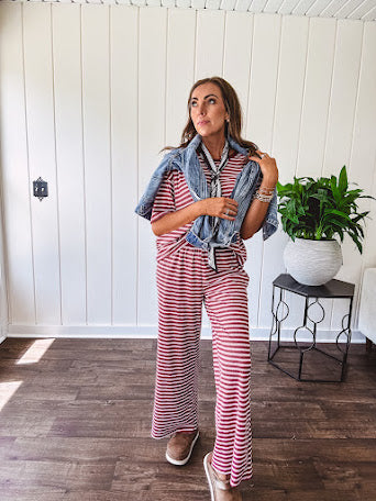 Soft and lightweight ribbed textured short sleeve top in burgundy and white stripes with matching wide leg pants with contrasting waffle texture round neck and elastic waist.