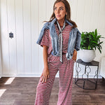 Soft and lightweight ribbed textured short sleeve top in burgundy and white stripes with matching wide leg pants with contrasting waffle texture round neck and elastic waist.