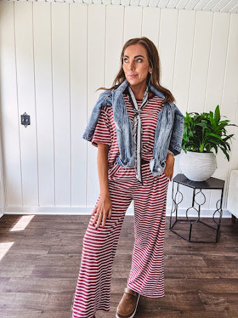 Soft and lightweight ribbed textured short sleeve top in burgundy and white stripes with matching wide leg pants with contrasting waffle texture round neck and elastic waist.