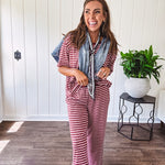 Soft and lightweight ribbed textured short sleeve top in burgundy and white stripes with matching wide leg pants with contrasting waffle texture round neck and elastic waist.