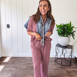 Soft and lightweight ribbed textured short sleeve top in burgundy and white stripes with matching wide leg pants with contrasting waffle texture round neck and elastic waist.
