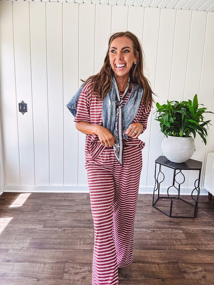 Soft and lightweight ribbed textured short sleeve top in burgundy and white stripes with matching wide leg pants with contrasting waffle texture round neck and elastic waist.