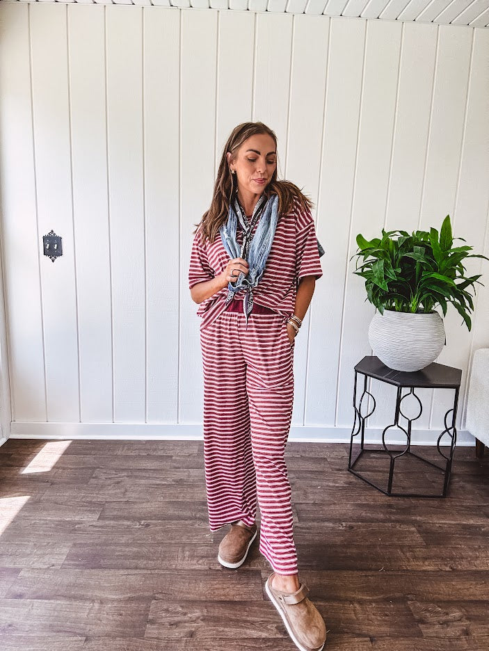 Soft and lightweight ribbed textured short sleeve top in burgundy and white stripes with matching wide leg pants with contrasting waffle texture round neck and elastic waist.